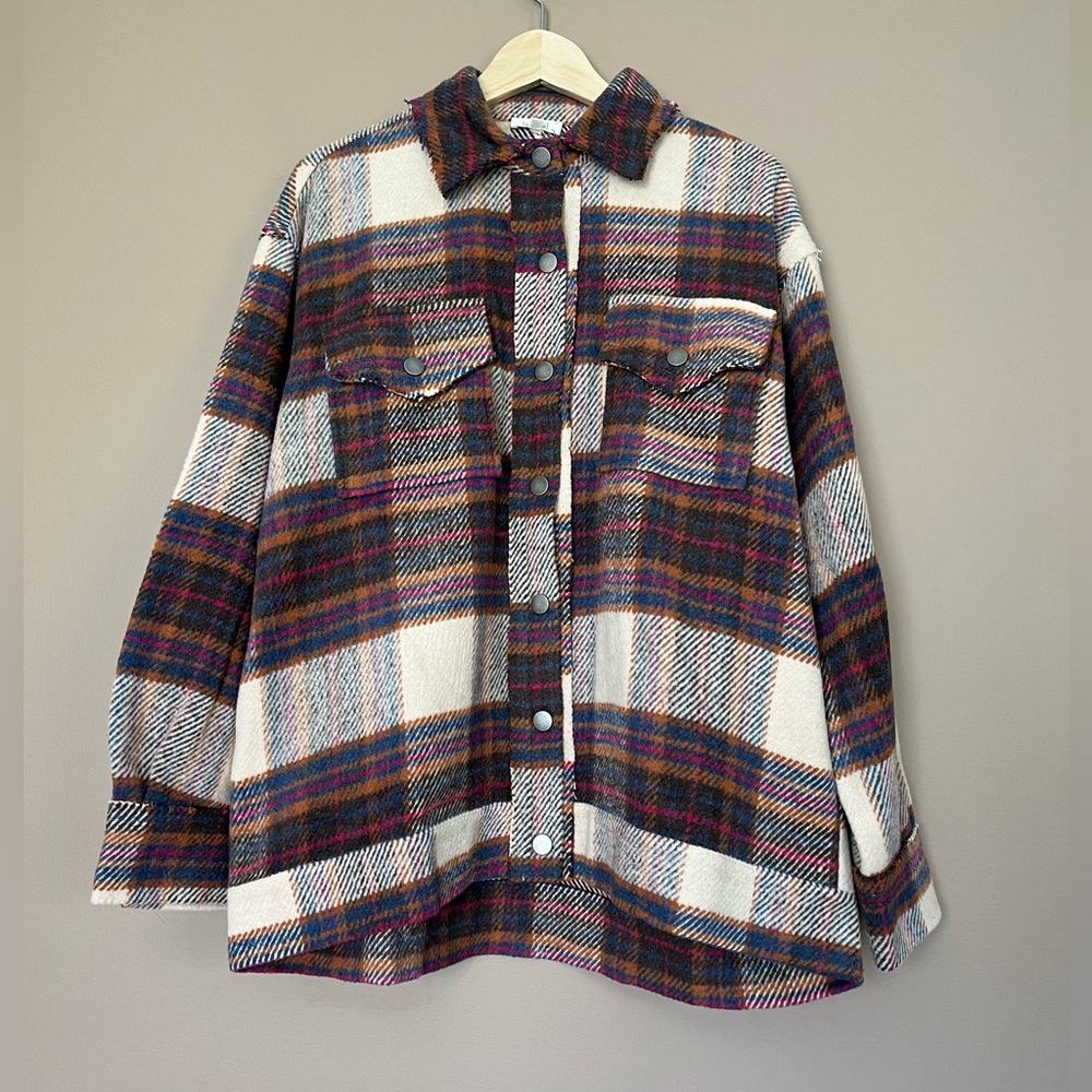 {LA MIEL} Plaid Oversized Shacket Wool Blend with Snap Button Closure - Small